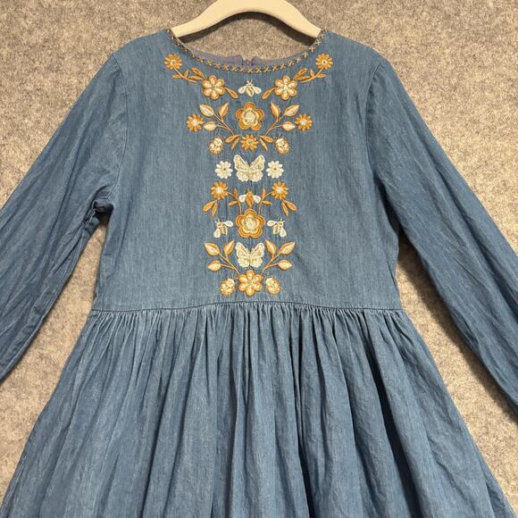 Mini Boden Dress Girls Size 8 9 Blue Chambray A Line Embroidered Long Sleeve - Picture 2 of 11
